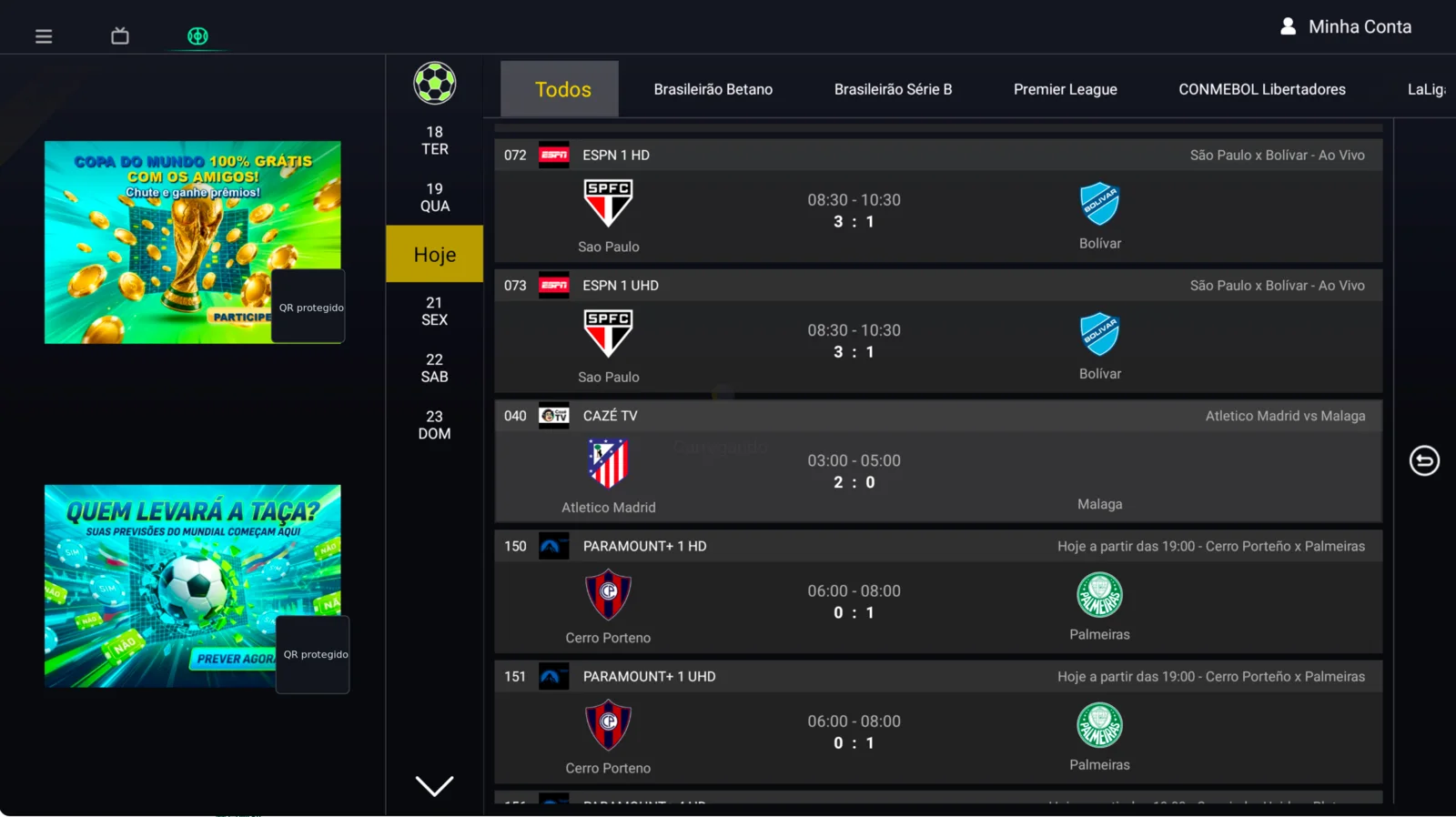 Interface completa JaguarTV com calendário, competições e jogos